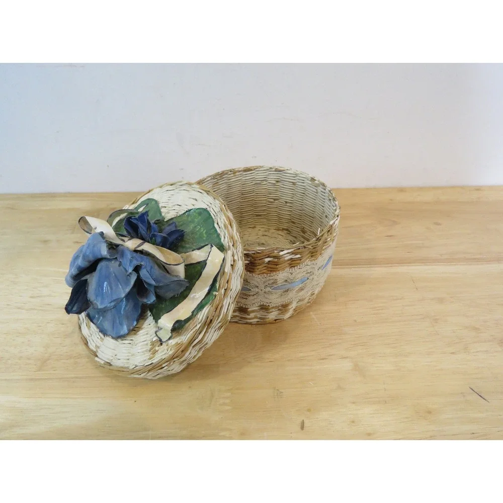 Vintage Floral Woven Nesting Baskets Set of 4 Decorative Lace Trim Storage Boxes